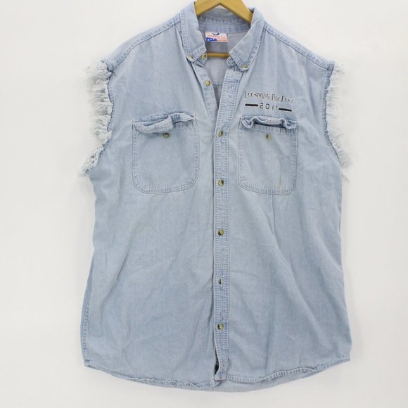 Vintage American Biker Image Men's Sleeveless Button Up Denim Shirt Size L - Picture 6 of 9